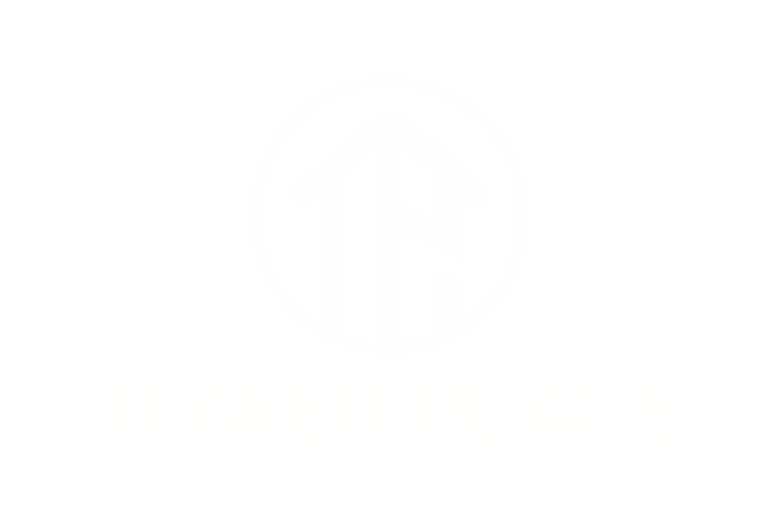 A logo with a white upward arrow inside a circle and the words "Tower Place" below it.